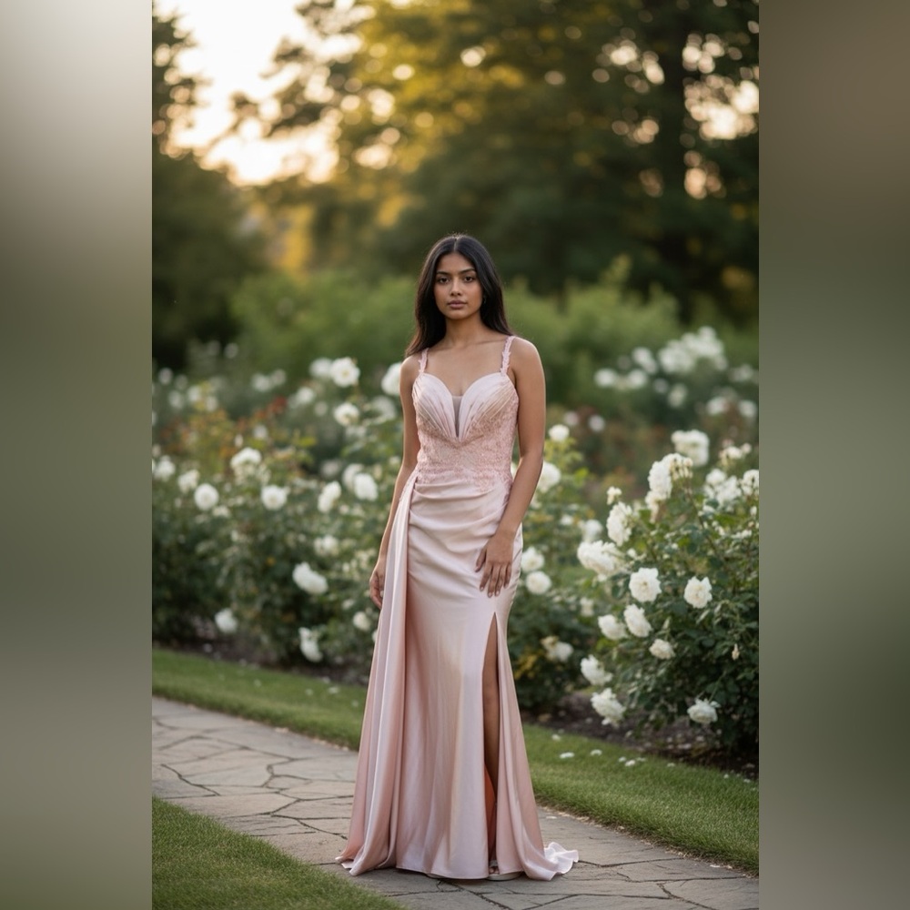 Rose Gold Satin Lace-Up Back Gown Corset Bodice Ruched Train Formal Dress size 6